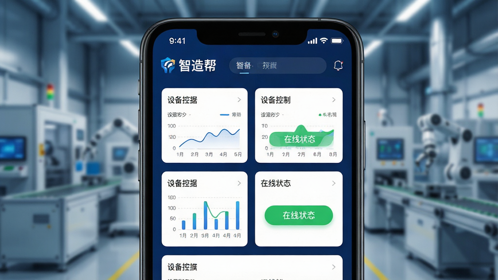 一张智能手机屏幕特写,屏幕中显示“智造帮”APP的设备控制主界面,界面风格为深蓝色科技感,背景是模糊的现代化智能工厂车间,画面主体突出手机屏幕中的设备运行数据卡片与绿色在线状态按钮,布局采用手机居中构图,排版简洁直观,风格为写实摄影结合UI界面展示,细节包含屏幕上的“智造帮”Logo和各项数据图表,画质高清干净,无多余元素。
