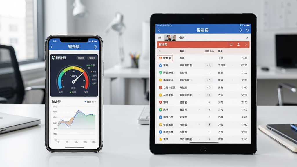 一张展示“智造帮”APP在手机和平板不同屏幕上运行对比的实拍图,左侧手机显示环境参数仪表盘,右侧平板显示报警记录列表,背景为简洁的现代办公室桌面,构图采用双设备并排布局,排版规整,风格为真实场景摄影,细节包含屏幕中“智造帮”界面图表和列表,画质清晰干净无多余元素。