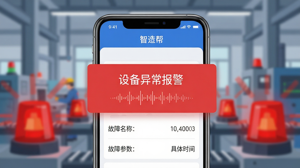 高清数字画报,主体为“智造帮”APP报警通知界面截图,屏幕中央有红色的“设备异常报警”横幅卡片,下方列出故障设备名称、异常参数和具体时间,背景为虚化的工厂车间红色警报灯旋转氛围,布局采用手机界面居中展示,排版清晰强调报警信息,风格为科技感扁平插画结合UI设计,细节包含报警音效波形图元素,画质干净明亮无多余元素。