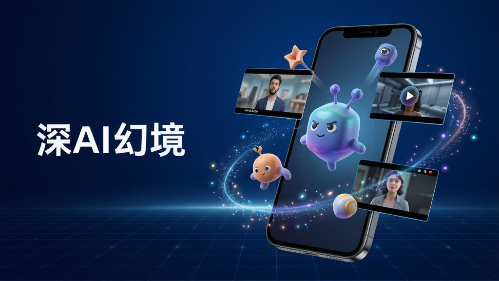 主体:深AI幻境APP在智能手机上展示裸眼3D效果,屏幕中悬浮着立体感极强的三维模型与视频画面,手机周围环绕着光效粒子。布局:手机位于画面中央偏右,左侧留白区域带有“深AI幻境”品牌字样,背景为深蓝色科技感渐变网格。排版:简洁现代,突出屏幕内容,文字位置均衡。风格:科技感、未来感、高清渲染。细节:手机屏幕中图像有清晰的前后景深,立体物体仿佛破屏而出,画面干净无多余元素。画质:8K超清,细腻光影,颜色鲜艳,干净无噪点。