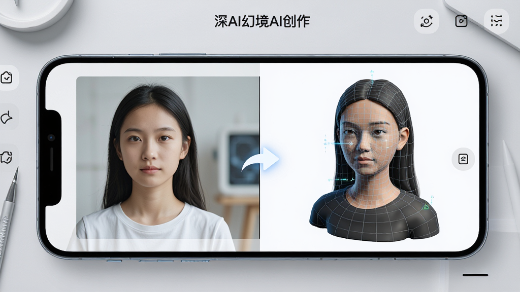 主体:深AI幻境APP的AI创作界面,手机屏幕展示从一张平面照片自动转化为3D模型的过程,左边是原始图片,右边是生成的立体模型。布局:分屏对比设计,中间有箭头指示转换方向,背景为简约浅灰色工作台。排版:界面清晰,功能图标排列有序,顶部有“深AI幻境AI创作”字样。风格:科技感,简洁明亮。细节:3D模型带有网格线和贴图,展示出AI算法的精准,画面干净,无多余元素。画质:高清,锐利,色彩自然,无噪点。