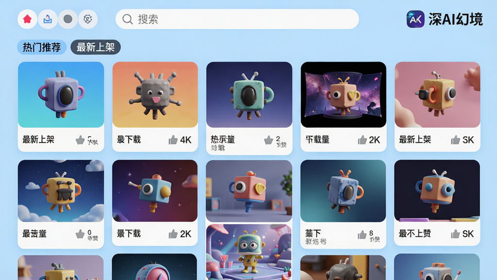主体:深AI幻境APP的资源库页面,以网格形式展示各类3D模型和3D壁纸缩略图,有“热门推荐”、“最新上架”等分类标签。布局:瀑布流式卡片布局,每张卡片下方有下载量和点赞数,顶部有搜索栏,背景为浅蓝色。排版:紧密有序,视觉信息丰富,右上角有“深AI幻境”LOGO。风格:活泼、现代、色彩鲜艳。细节:3D模型渲染精细,光影效果真实,画面干净,无多余文字。画质:4K高清,色彩饱和,细节清晰,无噪点。