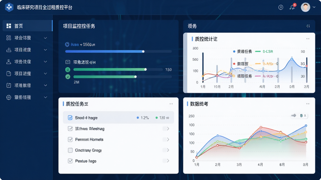 临床研究项目全过程质控平台软件主界面,主体为深蓝色科技感数据看板,布局为左侧功能导航栏与中央项目监控图表,排版采用卡片式信息层级,风格为扁平化医疗科技风,细节包含项目进度条、质控任务清单、彩色数据统计折线图,画质高清干净,无多余元素