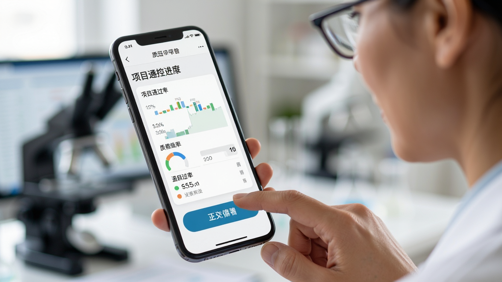 临床研究项目全过程质控平台手机端使用场景图,主体为研究员手持手机查看质控进度,布局为人物与手机界面特写,排版采用前景人物虚化背景,风格为写实摄影风格,细节包含手机屏幕上显示项目通过率数据、人物手指点击任务按钮,画质高清自然,无多余元素