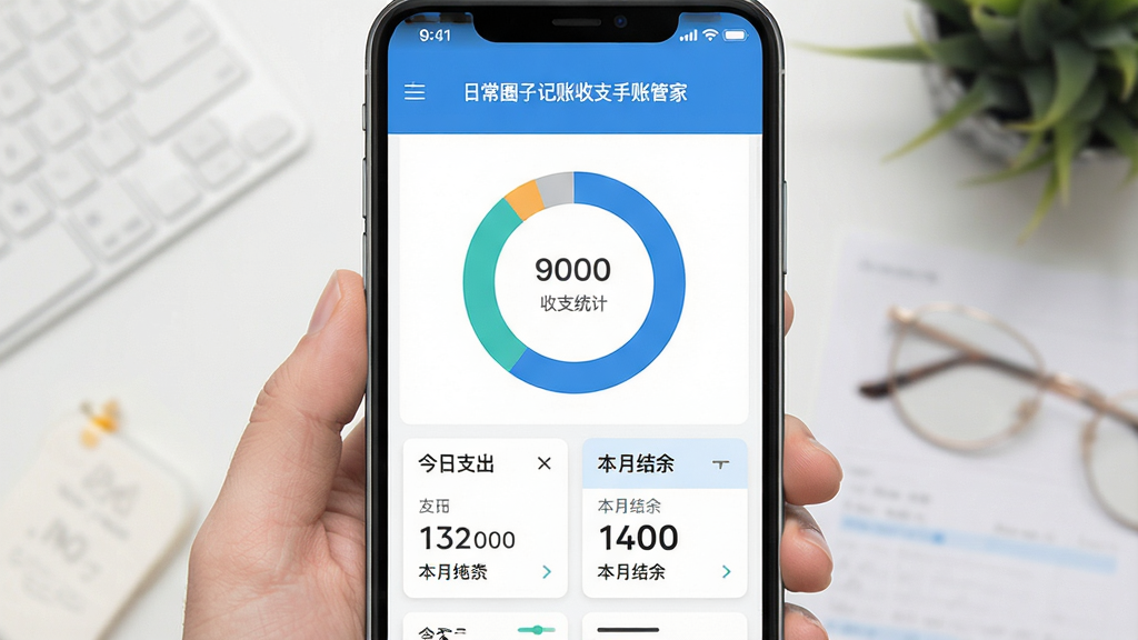 一张展示“日常圈子记账收支手账管家”软件主界面的高清截图,画面中央是简洁的收支统计圆环图,下方排列着今日支出、本月结余等数字卡片,整体以蓝白为主色调,扁平化设计风格,界面干净明亮,UI元素排列整齐,无多余装饰,画质清晰细腻