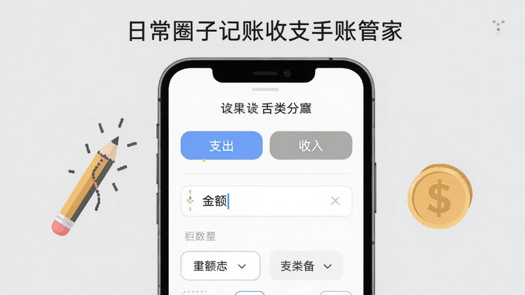 展示“日常圈子记账收支手账管家”记账界面的示意图,画面中有一部手机,屏幕上显示“支出”和“收入”两个按钮,下方是金额输入框和标签选择区域,背景为浅灰色,界面简洁,手机旁边有铅笔和硬币的图标,强调记录与分类功能,画质干净,无多余元素