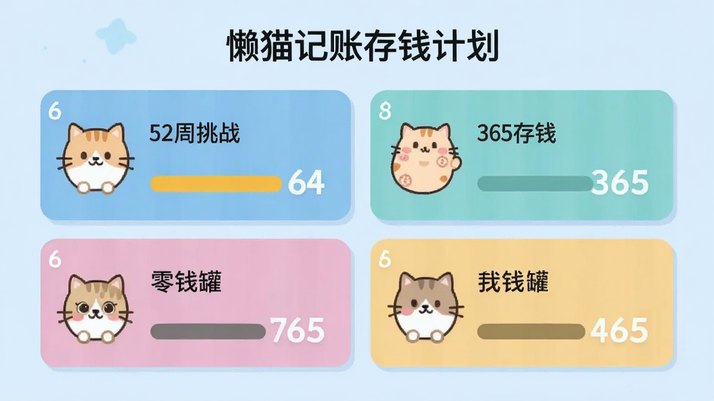 懒猫记账存钱计划页面,显示6种不同的存钱模式卡片,如“52周挑战”、“365天存钱”、“零钱罐”等,每张卡片有不同颜色的进度条和可爱猫咪图标,界面清晰直观,背景为浅蓝色,扁平化风格,画质干净
