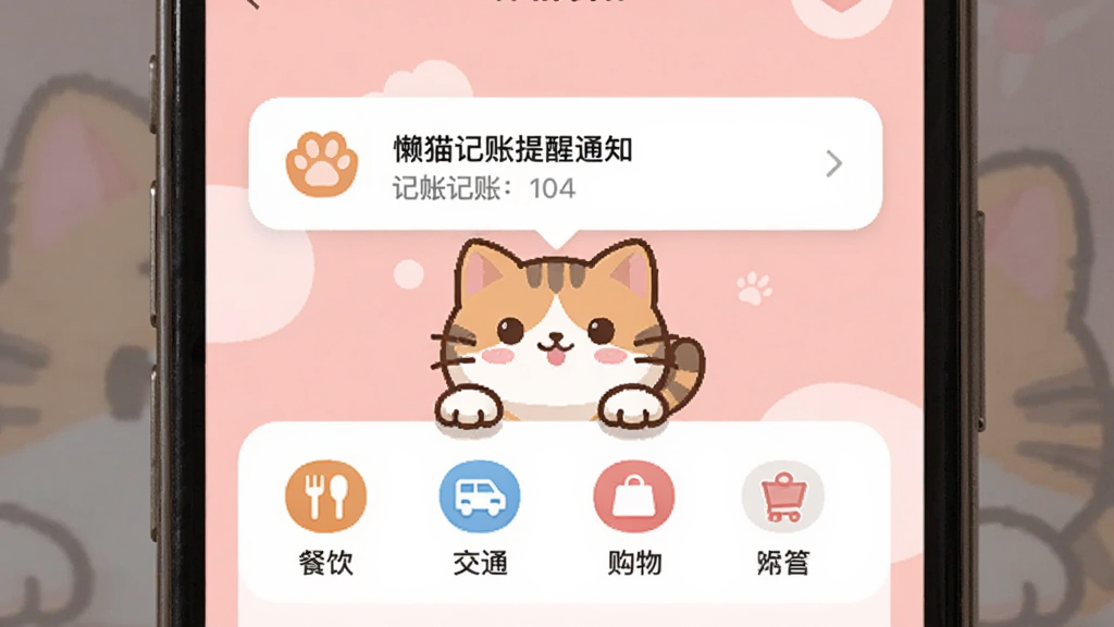懒猫记账提醒通知页面,手机顶部弹出记帐提醒横幅,下方显示快捷记账栏,包含餐饮、交通、购物等图标,背景为柔和粉色,界面简洁,突出猫咪吉祥物,画质干净