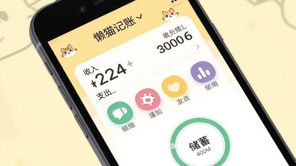 懒猫记账主界面展示,手机屏幕中显示可爱的猫咪主题记账界面,包含收入支出数字、彩色分类图标和储蓄进度环,整体风格清新明亮,采用扁平化设计,背景为淡黄色,画质干净无多余元素