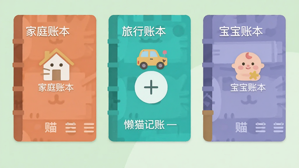 懒猫记账多账本界面,展示多个账本封面,如“家庭账本”、“旅行账本”、“宝宝账本”,每个封面有不同颜色和图标,中央为“+”号新建按钮,背景为淡绿色,排版整齐,扁平化设计,画质干净