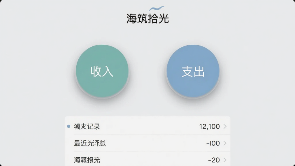 海筑拾光记录界面,屏幕中央是两个大圆形按钮,分别标注“收入”和“支出”,下方是最近几笔记录的简约列表,背景为浅灰色,按钮带有柔和阴影,整体排版居中对称,风格简洁明了,画质清晰干净,无多余元素,文字标注“海筑拾光”。
