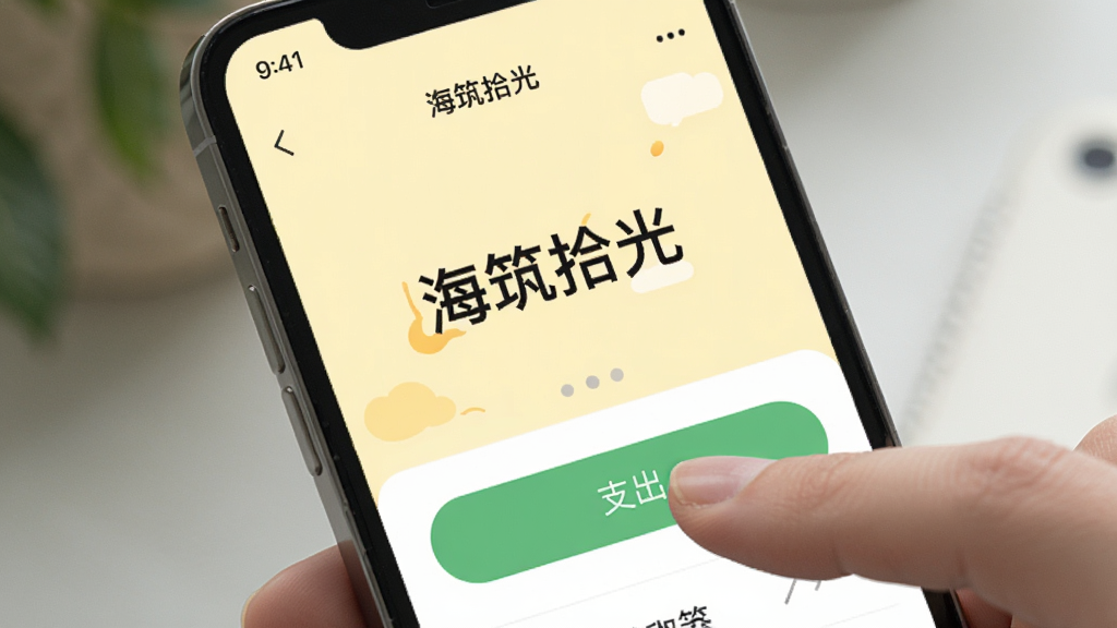 手机屏幕上显示海筑拾光的记账页面,手指正在点击“支出”按钮,页面背景为浅黄色,按钮为圆角绿色,整体风格清新,布局居中,细节清晰,画质干净,无多余元素,文字标注“海筑拾光”。