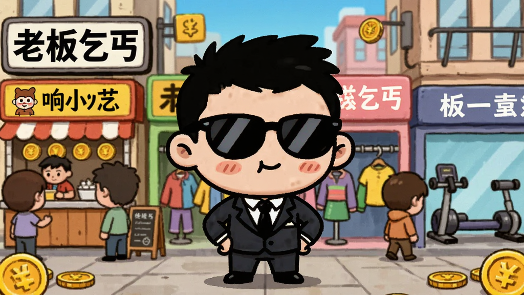 一个卡通角色站在繁华的商业街上,身后是各种店铺,如小吃店、服装店、健身房,招牌上写着“老板乞丐”字样,角色穿着西装戴着墨镜,周围有顾客和金币,风格为魔性卡通,色彩鲜艳,细节丰富,画质高清,干净无多余元素