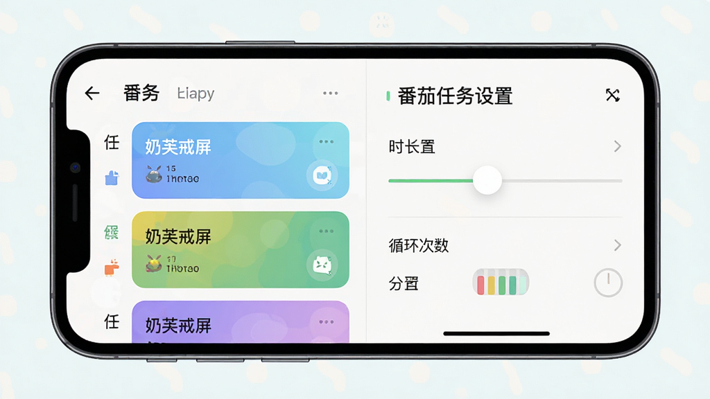 主体:手机界面显示番茄任务设置页面,包含时长滑块和循环次数选项。布局:手机居中,左侧为任务列表,右侧为设置面板。排版:清晰直观,功能分区明确。风格:清新简约,浅色背景。细节:界面标注“奶芙戒屏”字样,任务卡片有不同颜色区分。画质:高清,干净,无多余元素。