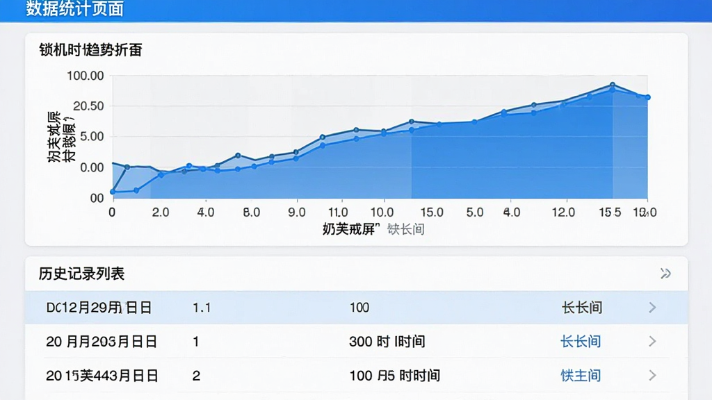 主体:数据统计页面展示锁机时长趋势折线图与历史记录列表。布局:图表在上方,列表在下方,手机界面竖屏展示。排版:数据可视化,重点突出。风格:商务简洁,蓝色调为主。细节:图表坐标轴标注“奶芙戒屏”数据,列表显示日期和时长。画质:清晰锐利,干净,无多余元素。