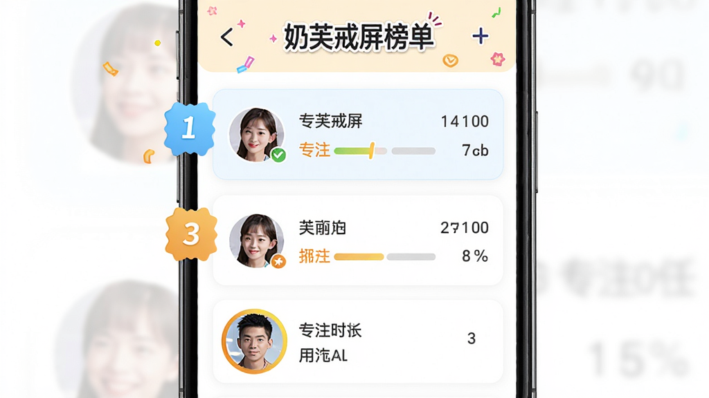 主体:排行榜页面,显示用户头像和专注时长排名。布局:手机竖屏,列表形式展示前三名和当前用户位置。排版:简洁明了,排名高亮。风格:活泼明快,色彩鲜艳。细节:顶部标注“奶芙戒屏”榜单,当前用户有特殊标记。画质:高清,干净,无多余元素。