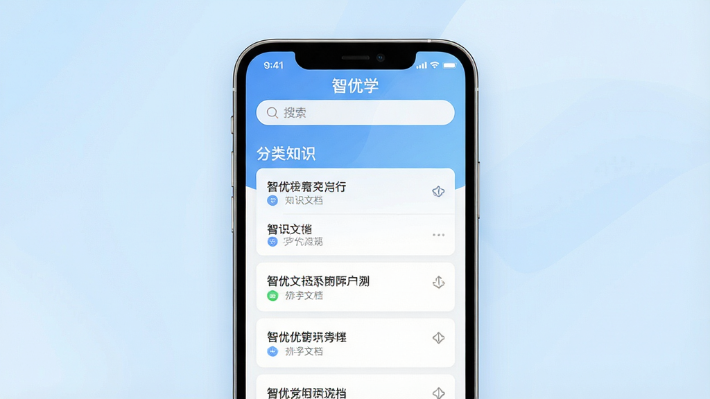一张现代简约风格的手机应用界面预览图,屏幕中央显示“智优学”APP主界面,界面布局清晰,上方为搜索栏,下方为分类整齐的知识文档列表,背景为干净的浅蓝色渐变,整体风格专业、商务、清爽,画质高清,干净无多余元素