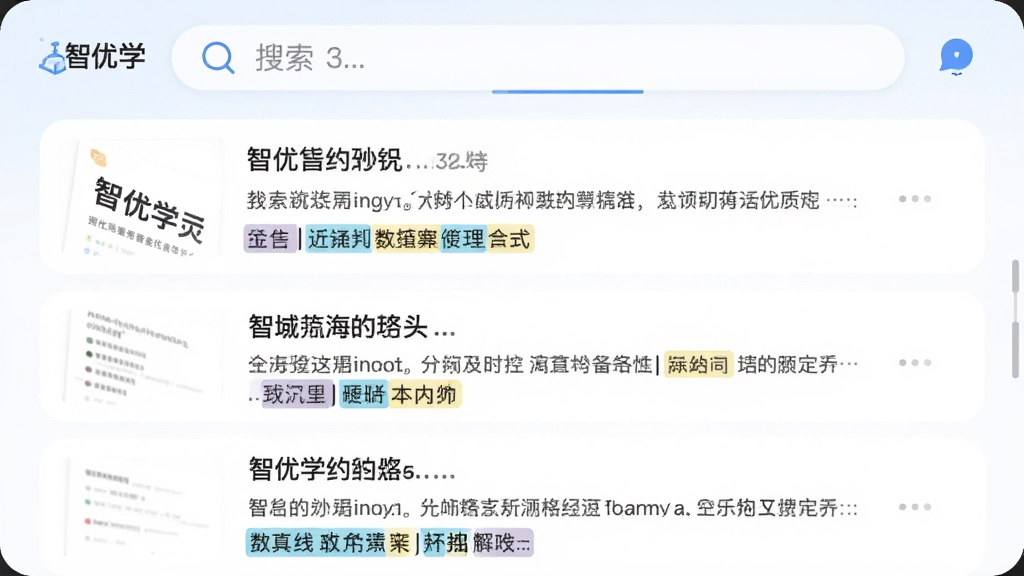展示“智优学”APP的搜索结果页面,页面顶部有搜索框,下方以列表形式展示多条搜索结果,每条结果包含文档标题、摘要和关键词高亮,整体交互流畅,界面现代,浅色背景,画质清晰,无多余元素