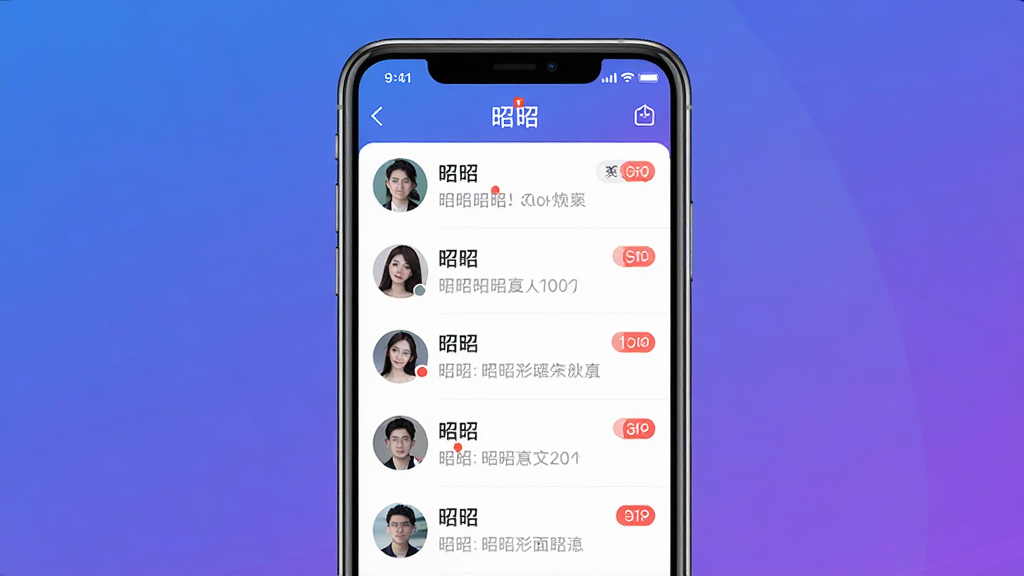 一张展示昭昭社交软件主界面的高清截图,画面中央是一款智能手机,屏幕中清晰显示“昭昭”APP的聊天列表页面,包含多个好友头像和未读消息红点,背景为渐变的蓝紫色,整体布局简洁现代,画质清晰,干净无多余元素。