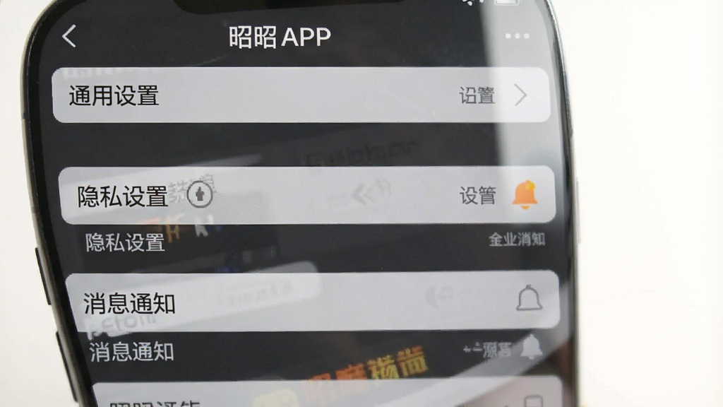 一张展示昭昭APP内设置界面的手机截图,屏幕中显示“通用设置”“隐私设置”“消息通知”等选项,背景为深灰色,文字清晰,整体风格简洁,画质干净,无多余元素。