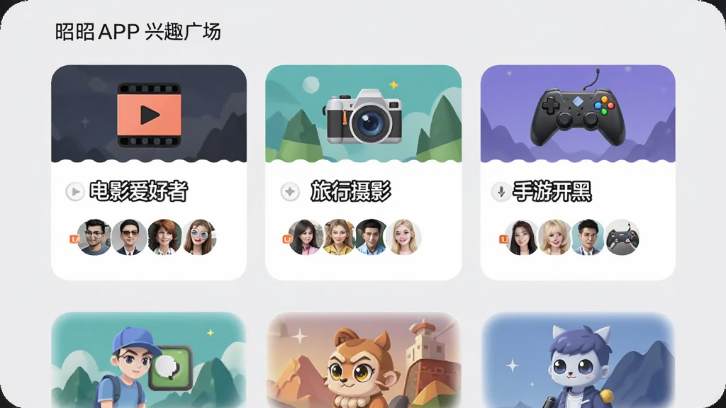 展示昭昭APP兴趣广场界面的图片,屏幕中展示多个兴趣小组的卡片,如“电影爱好者”“旅行摄影”“手游开黑”等,每个卡片上有相应的图标和成员头像,背景为浅灰色,布局整齐,画质干净,无多余元素。