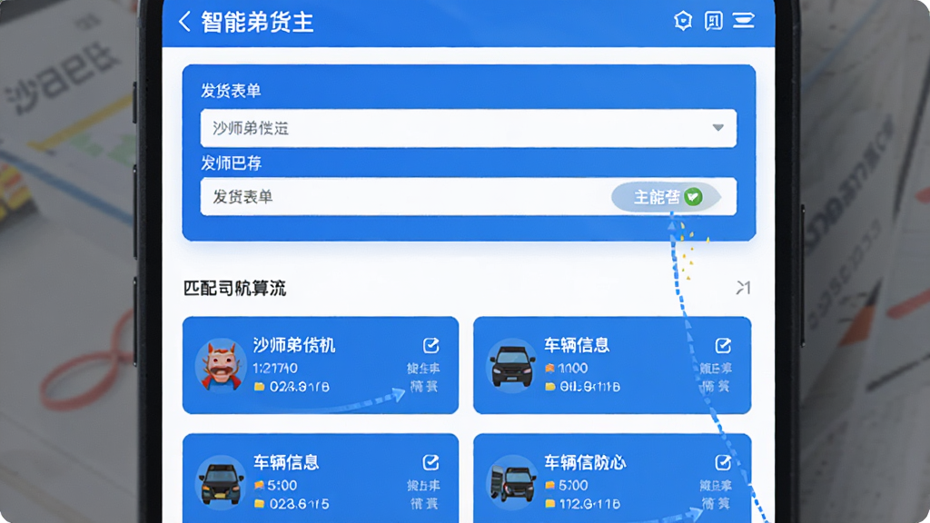 画面主体为沙师弟货主App的智能匹配界面,上方显示发货表单,下方展示匹配到的司机列表和车辆信息,界面以蓝色为主,卡片式布局,风格清新,细节突出智能推荐算法,画质清晰,干净无多余元素
