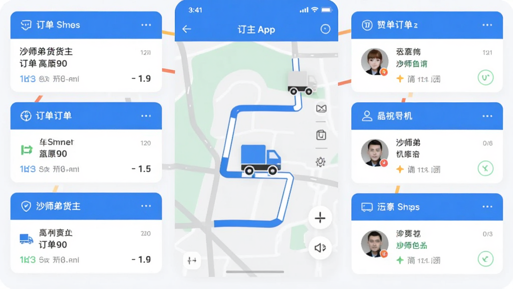 画面主体为沙师弟货主App界面截图,中央显示地图路线和货车图标,周围环绕订单列表和司机信息卡片,整体采用蓝白主色调,扁平化设计,排版清晰,风格简洁现代,细节突出物流管理功能,画质高清干净,无多余元素