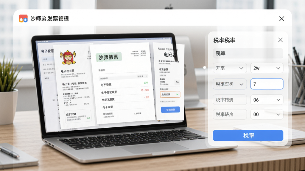 画面主体为沙师弟货主App的发票管理功能,展示电子发票样张和税率选项,背景为办公桌面,风格商务简约,细节体现发票开具流程,画质清晰,无多余元素