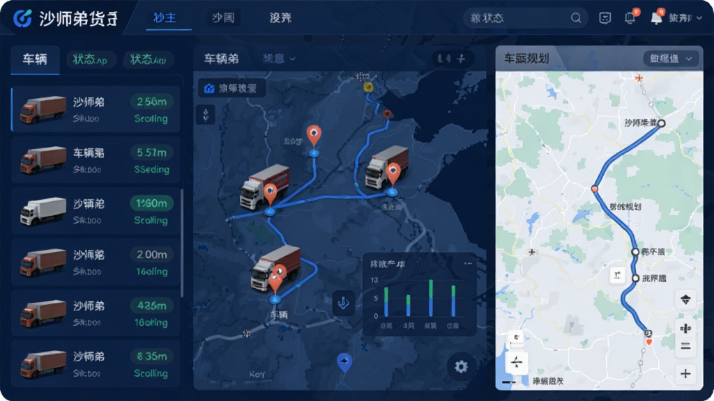 画面主体为沙师弟货主App的车队管理界面,显示多辆货车在地图上的实时位置,左侧为车辆列表和状态标签,右侧为路线规划,整体采用深蓝商务风格,数据可视化,细节丰富,画质高清,干净整洁