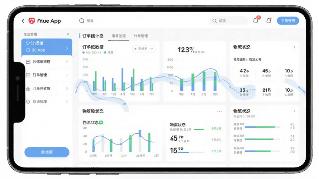 画面主体为沙师弟货主App的订单管理界面,以图表形式展示订单统计数据和物流状态,界面设计简洁,信息层次分明,风格清晰,细节突出数据可视化,画质高清,干净无多余元素