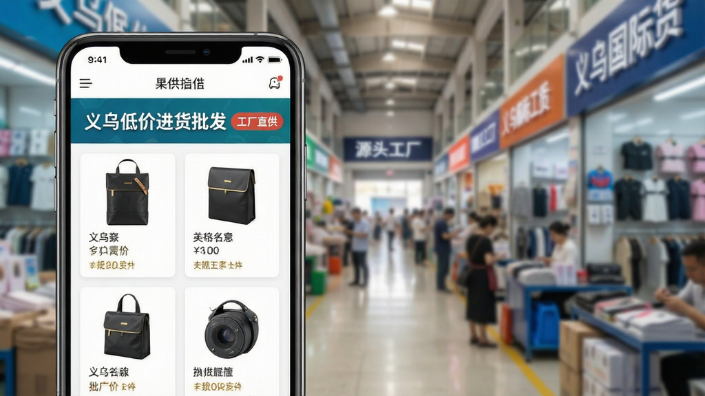 主体:手机应用界面展示“源头工厂”专区,背景为繁忙的义乌国际商贸城内部场景;布局:前景为手机屏幕特写,屏幕内显示工厂直供商品列表,背景虚化处理突出主体;排版:商品卡片式排列,每个卡片包含商品图、名称、批发价;风格:纪实与科技感结合,光线明亮,展现专业批发氛围;细节:屏幕上出现“义乌低价进货批发”字样和“工厂直供”标签;画质:高清,干净,无多余元素