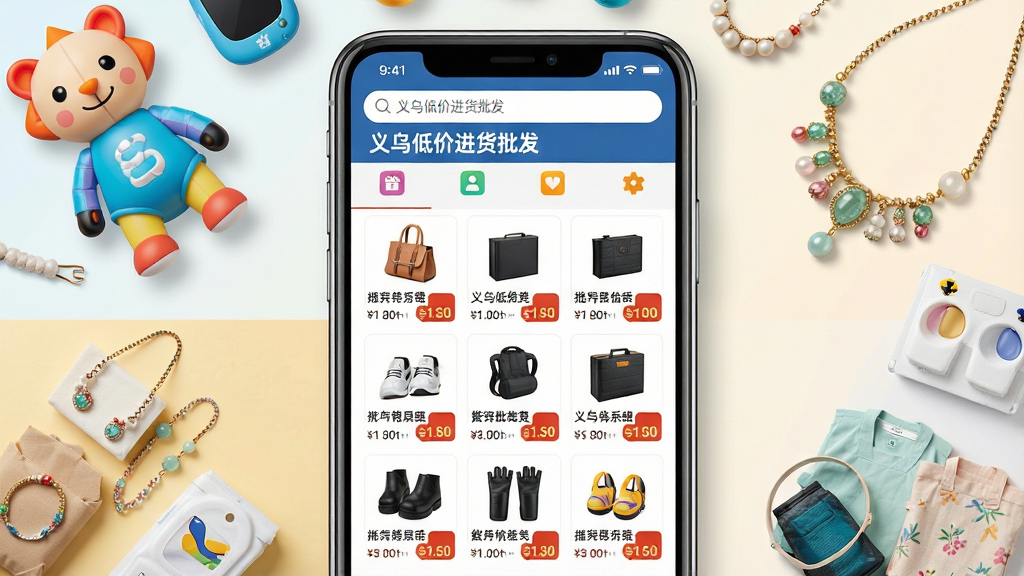 主体:智能手机屏幕展示“义乌低价进货批发”应用主界面,屏幕内可见各类小商品网格缩略图与价格标签;布局:手机居中,周围环绕几件代表性商品如玩具、饰品、日用百货,形成众星捧月式构图;排版:界面UI清晰,分类图标排列整齐,顶部有搜索栏;风格:现代扁平化设计,色彩明亮,突出批发市场的丰富与热闹;细节:屏幕上应用名称“义乌低价进货批发”清晰可读,价格数字醒目;画质:4K超清,干净,无多余元素