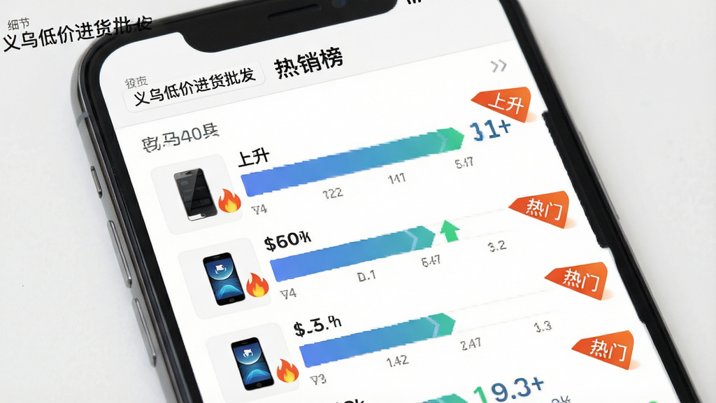 主体:手机屏幕展示“热销榜”页面,以条形图形式呈现商品销量对比;布局:顶部为榜单名称,下方依次排列商品,每个商品右侧有“上升”或“热门”角标;排版:信息层级分明,数字突出;风格:数据可视化风格,简洁商务;细节:屏幕左上角显示“义乌低价进货批发”字样,部分商品配有火焰图标表示热卖;画质:高解析度,干净,无多余元素
