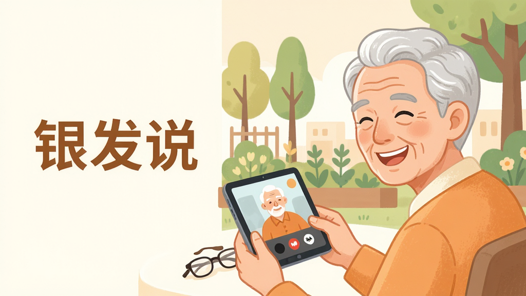 一幅温暖明亮的插画,主体是一位笑容满面的银发老人正用平板电脑与远方的老友视频通话,背景是简约的社区花园和绿树,画面布局采用黄金分割,老人位于右侧三分之一处,左侧留白放置“银发说”字样,整体风格清新自然,色彩柔和以暖橙和淡绿为主,细节包括老人眼角的皱纹和手边的老花镜,画质高清干净,无多余元素