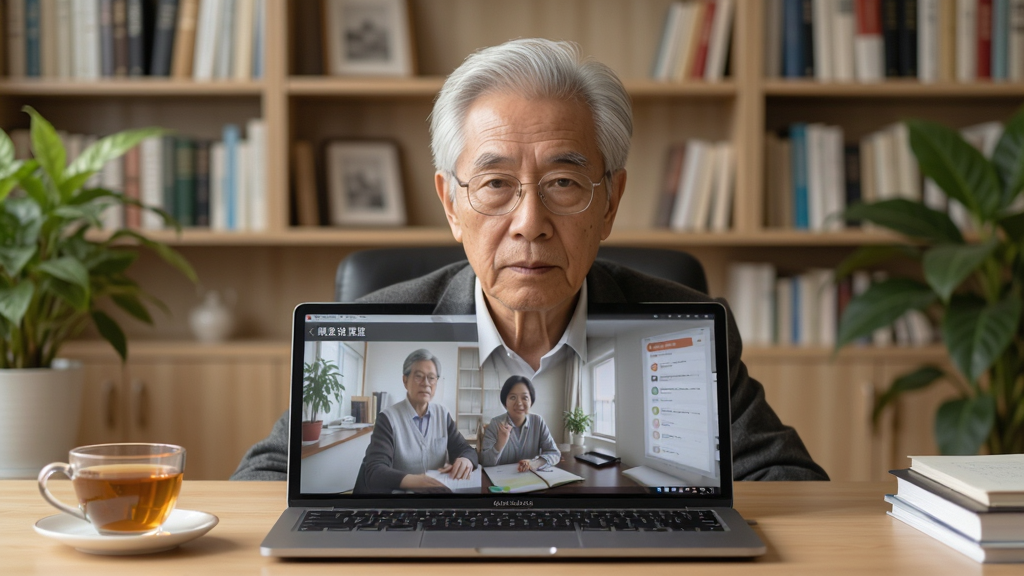 主体是一位正在书房里通过电脑进行线上讲座的银发教授,屏幕中显示着“银发说”课堂界面,布局采用对称构图,老人位于画面中央,背景是整齐的书架和绿植,风格写实明亮,细节突出老人专注的神情和手边的茶杯,画质高清干净,无多余元素