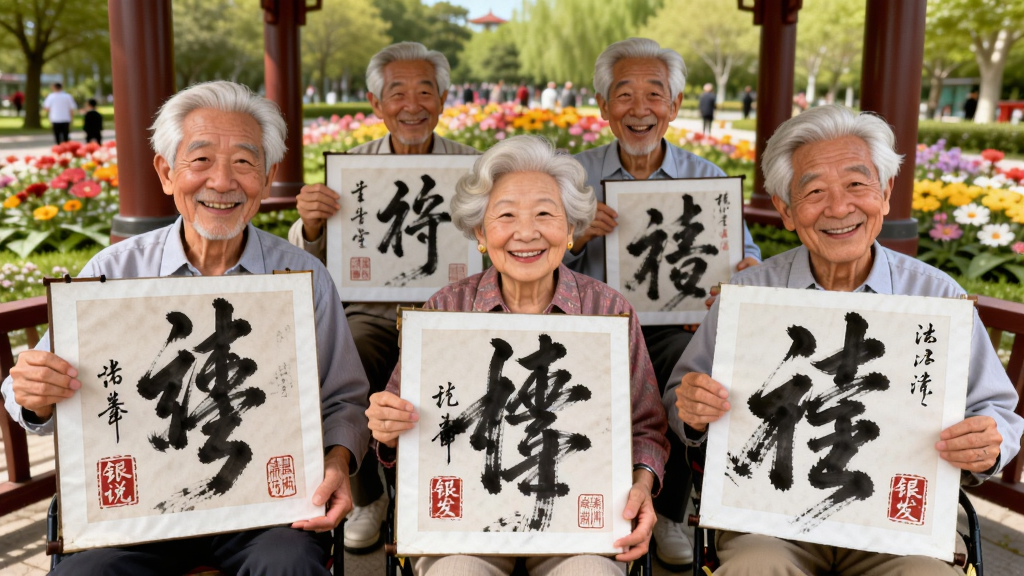 主体是几位银发老人在公园的凉亭下一起展示各自的书画作品,画面布局采用横向构图,人物错落有致,背景是盛开的花坛,风格明快活泼,色彩鲜艳,细节包括作品上的“银发说”印章和老人自豪的表情,画质高清干净,无多余元素