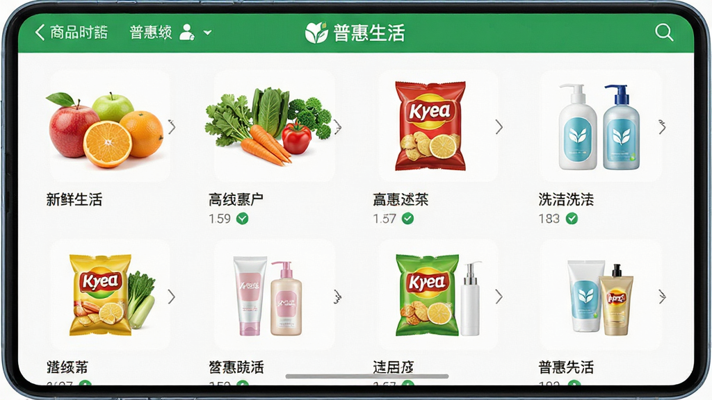 һ��չʾ�ջ�����App��Ʒ����Ľ����ͼ��������չʾ�����Ʒ����ͼ����������ˮ�����߲ˡ���ʳ��ϴ����Ʒ�ȣ�ͼ���������룬����������죬������С��ջ����Ʒ�Ʊ�ʶ�����ʸ��壬�ɾ�����