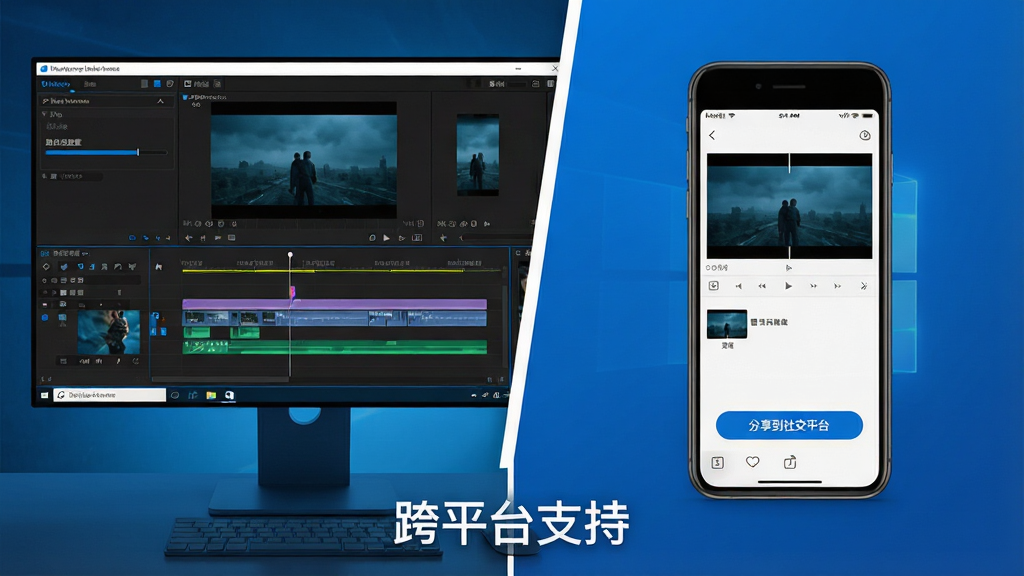 主体:分屏画面,左半部分为Windows电脑运行Movica影片编辑器,右半部分为智能手机运行移动版应用。布局:左右对称,电脑屏幕显示复杂时间线,手机屏幕显示简洁剪辑界面。排版:中间有一条白色分割线,下方有“跨平台支持”字样。风格:科技感,蓝色调为主。细节:电脑屏幕上显示导出进度条,手机屏幕上显示“分享到社交平台”按钮。画质:高清,光线均匀,干净无多余元素。