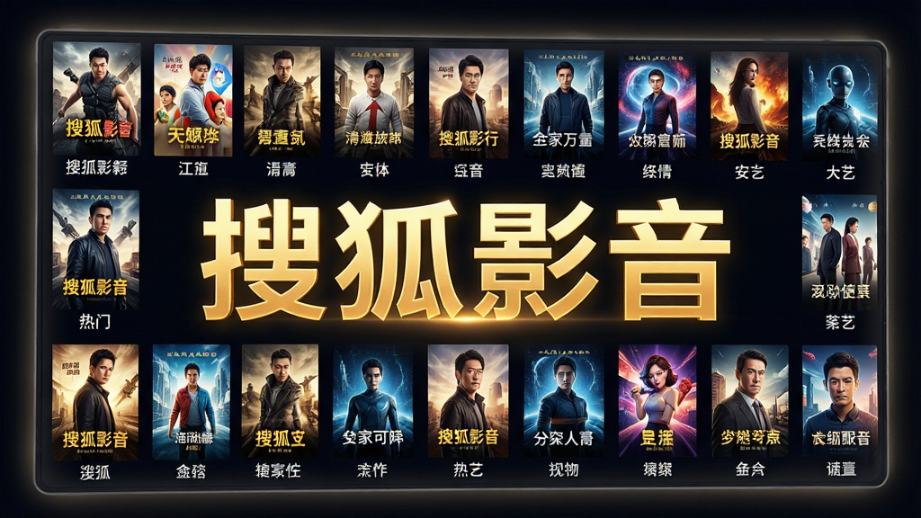 主体:一个巨大的电子屏幕墙,屏幕上整齐排列着搜狐影音的热门电影和综艺海报,中心位置显示“搜狐影音”四个大字。布局:屏幕墙占据画面大部分,文字位于屏幕正中央,金色发光。排版:海报按矩阵排列,每张海报下方标注片名,中央文字醒目。风格:科技感、色彩丰富,背景为暗色。细节:海报内容包含动作、喜剧、科幻等不同类型,屏幕边缘有柔光效果。画质:超高清,色彩鲜艳,细节清晰,干净,无多余元素。