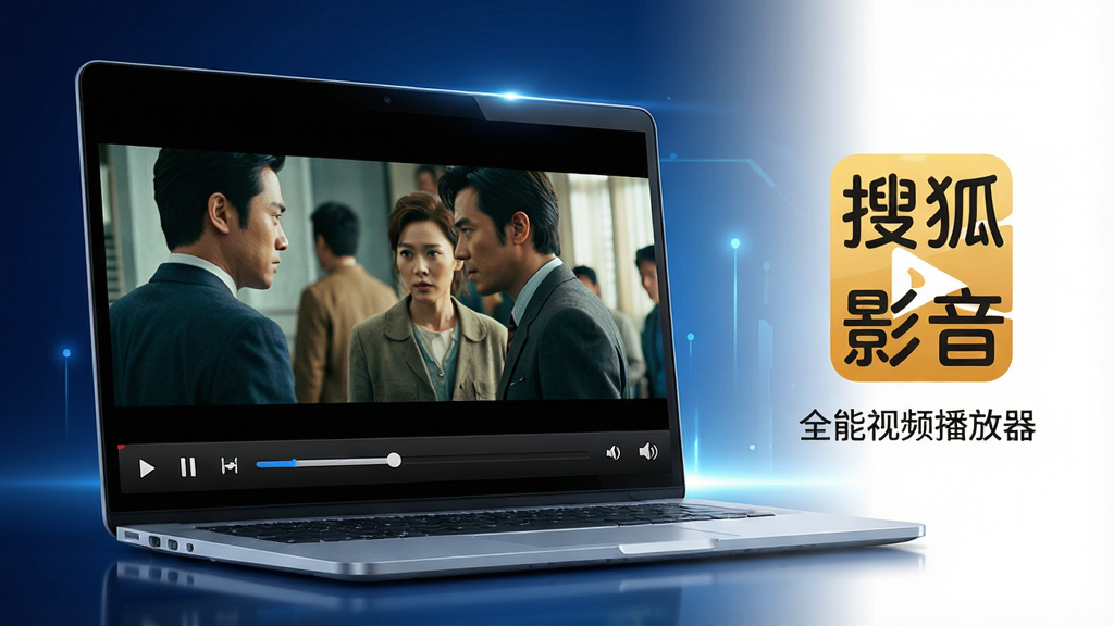 主体:一台笔记本电脑屏幕中展示搜狐影音播放界面,界面中正在播放一部高清电影,画面色彩鲜艳。布局:电脑位于画面中央偏左,右侧留白处放置“搜狐影音”文字logo。排版:电脑屏幕为主体,文字logo垂直排列于右侧,下方补充一行小字“全能视频播放器”。风格:现代科技感,光影效果明显,背景为深蓝色渐变。细节:屏幕中播放的电影画面清晰,播放器控制栏可见,包含播放/暂停按钮、进度条、音量图标。画质:8K超高清,细节丰富,光影自然,干净,无多余元素。