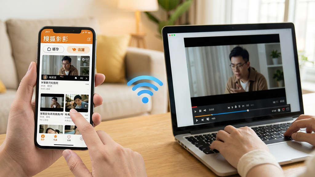 主体:一只手正在智能手机上操作搜狐影音App,手机屏幕显示视频列表,另一只手在笔记本电脑键盘上操作,电脑屏幕显示同一视频的播放画面。布局:手机在画面左侧,电脑在右侧,中间有无线连接符号。排版:手机屏幕和电脑屏幕的画面内容一致,形成联动效果。风格:生活化场景,背景为温馨的家居环境。细节:手机界面有“缓存”、“收藏”按钮,电脑界面有播放进度条。画质:高清,光线明亮,干净,无多余元素。