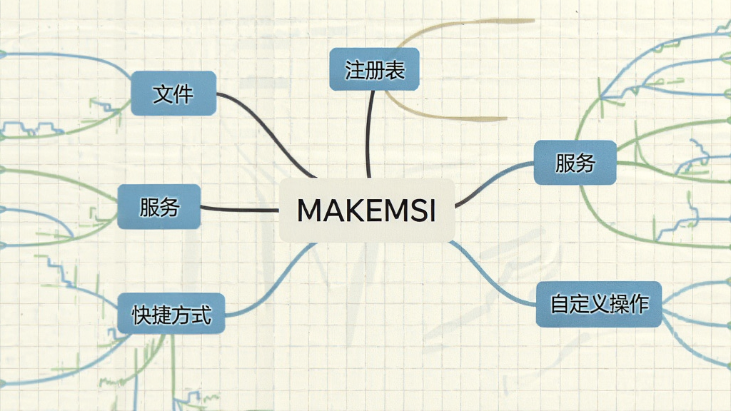 主体为一张功能思维导图,中心写着“MAKEMSI”,周围分支展开“文件”、“注册表”、“服务”、“快捷方式”、“自定义操作”等节点,背景为浅色网格纸,布局为俯视图,风格简洁扁平,画质清晰,无多余元素