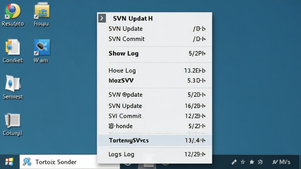 展示鼠标右键点击文件后弹出的TortoiseSVN菜单列表,菜单项包括SVN Update、SVN Commit、Show Log等,背景为电脑桌面,布局居中,排版垂直列表,风格简洁,细节菜单文字清晰,画质高清干净,无多余元素