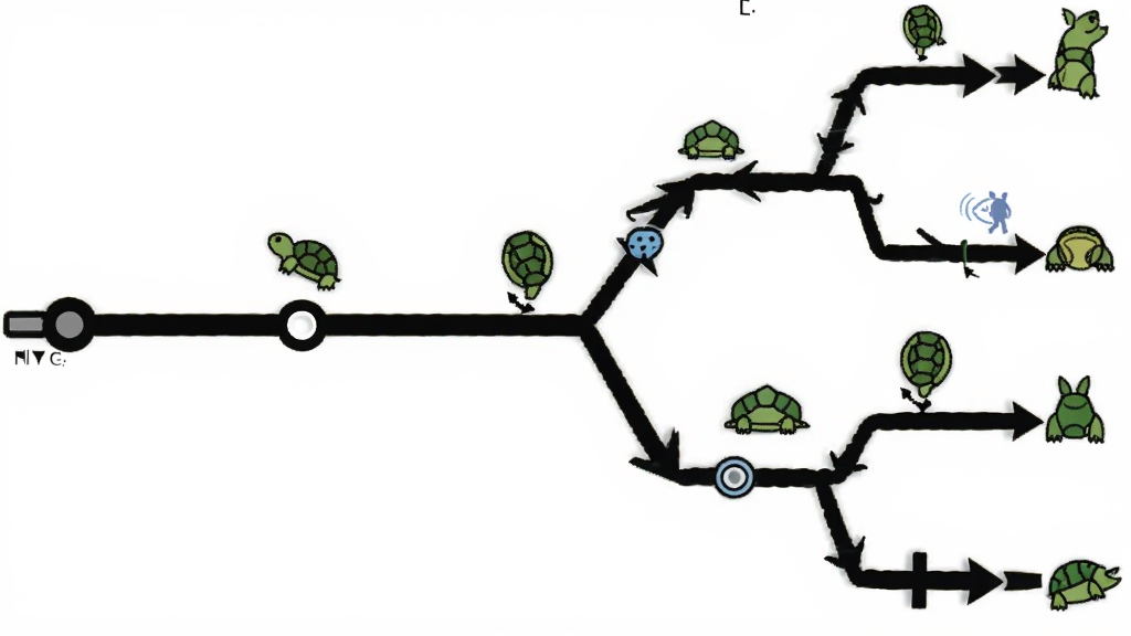 画面主体为TortoiseSVN的分支合并示意图,主干为一条粗线,分支像树枝一样分出再合并,线条上有小图标标注,背景白色,布局流程图样式,排版清晰,风格扁平化,细节包括箭头和节点,画质高清干净,无多余元素