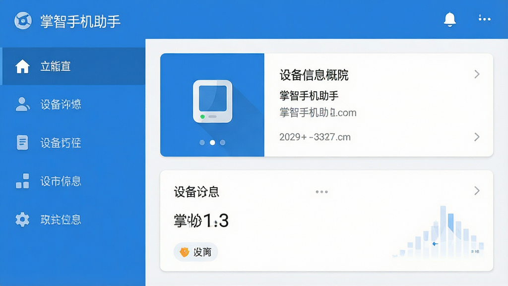 一张展示掌智手机助手主界面的高清截图,界面左侧为功能导航栏,右侧为设备信息概览卡片,整体采用蓝白配色,扁平化设计风格,细节清晰,画质干净,无多余元素。