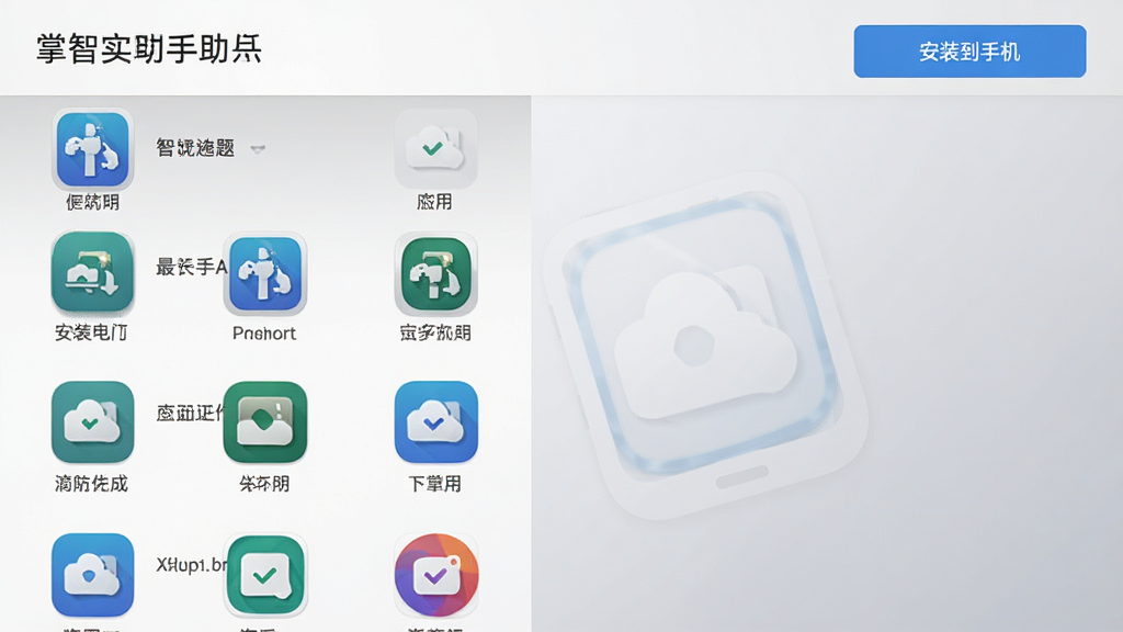 掌智手机助手应用管理界面,左侧为应用列表,右侧为“安装到手机”按钮,界面中显示多个应用图标,背景为浅灰色渐变,整体风格清爽,细节清晰,画质干净。