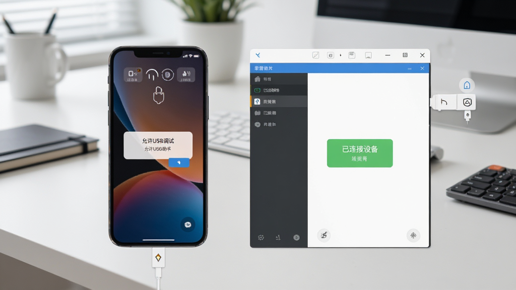 展示掌智手机助手连接手机时的界面,手机屏幕亮起显示“允许USB调试”弹窗,电脑端软件界面显示“已连接设备”状态,背景为简洁的办公桌,构图清晰,细节丰富,画质干净。