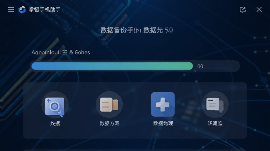 掌智手机助手数据备份界面,显示备份进度条和数据类型图标,背景为深蓝色科技感氛围,界面简洁,细节丰富,画质干净。