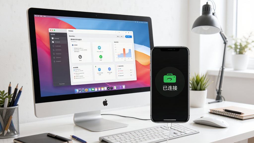 展示掌智手机助手在电脑和手机上的连接使用场景,电脑屏幕显示软件主界面,手机放在旁边,屏幕上显示“已连接”状态,背景为明亮的工作台,细节清晰,画质干净。