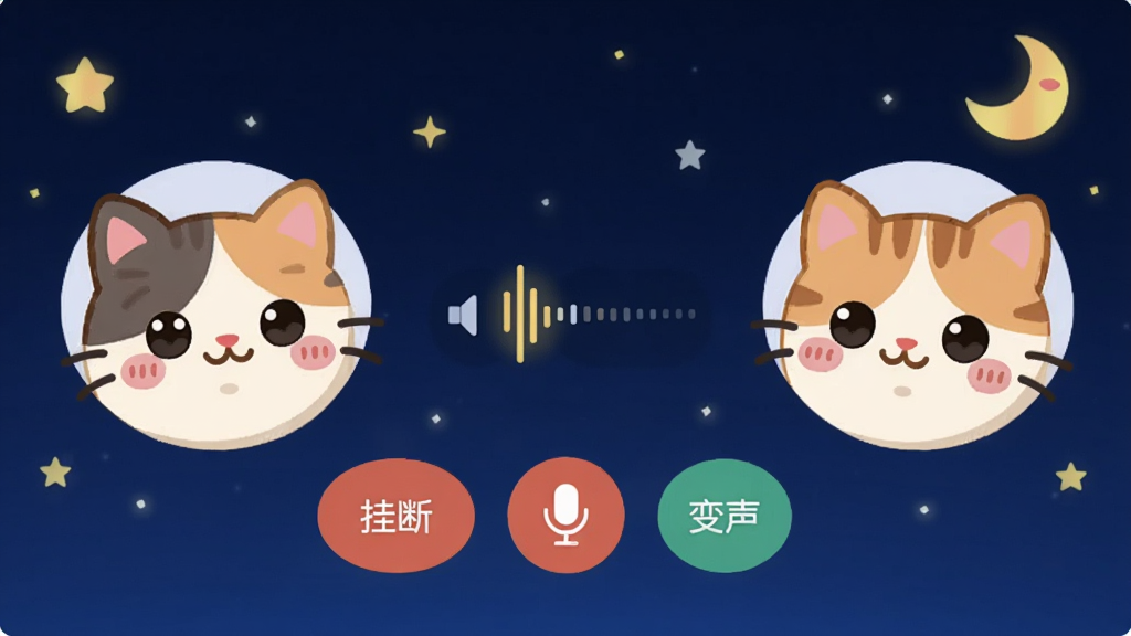扑扑猫语音连麦功能界面,两个卡通猫头像正在通话中,中间有音量波动条和“挂断”、“静音”、“变声”等按钮,背景为深蓝色星空,点缀着星星和月亮,风格可爱温馨,画质干净,无多余元素。